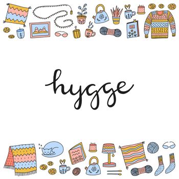 Poster with colored doodle hygge icons in Scandinavian style and lettering. Nordic lifestyle