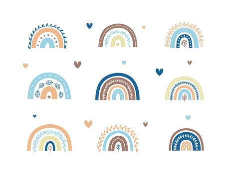 Set of Scandinavian leafy rainbows with hearts.