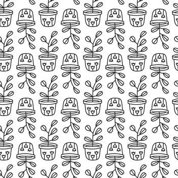 Seamless pattern with leafy plants in pots.