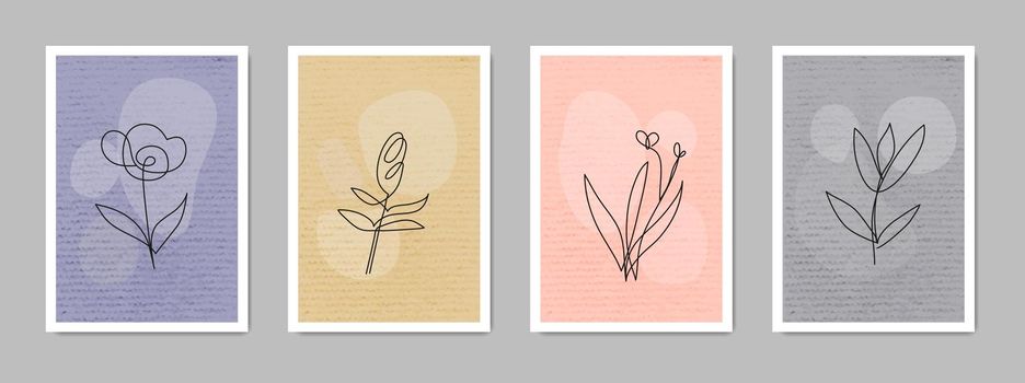 Set of contemporary posters with one line flowers.