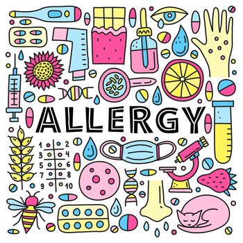 Poster with lettering and doodle colored allergy icons.