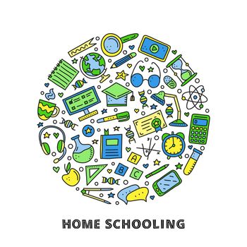 Doodle colored education, e-learning icons in circle.