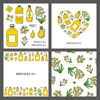 Set of cards with doodle canola or rapeseed oil, flowers.
