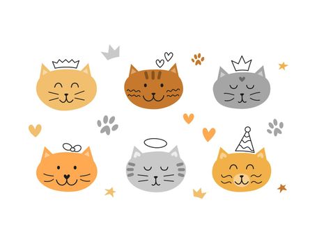Set of cat faces with outline doodles.