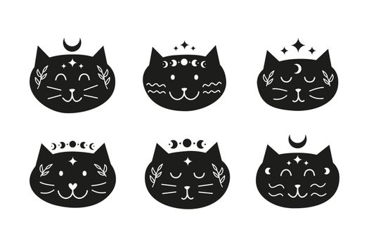 Set of boho celestial moon cat characters.