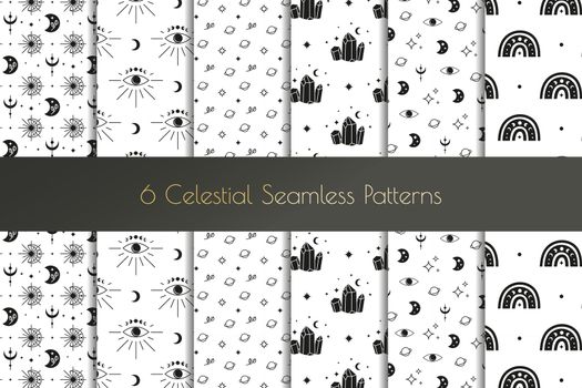Set of black and white boho seamless patterns.