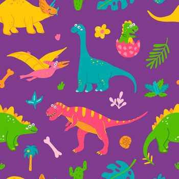 Cute dinosaurs and tropical plants, childrens colorful print for fabric, postcards. Vector seamless pattern