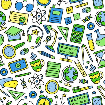 Seamless pattern with doodle colored education, e-learning icons.