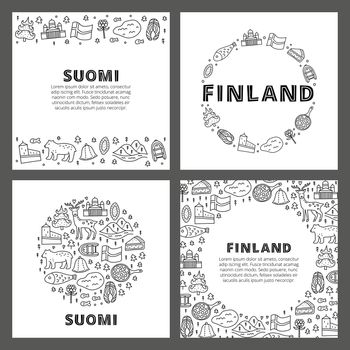 Set of cards with lettering and doodle outline finland icons.
