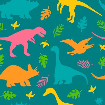 Silhouettes of dinosaurs and tropical plants, childrens colorful print for fabric, postcards. Vector seamless pattern