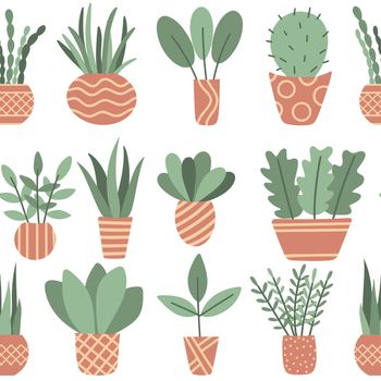 Different indoor plants in pots seamless pattern