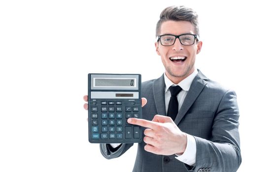 Businessman in suit showing calculator