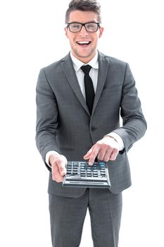 men's hand on calculator's keyboard