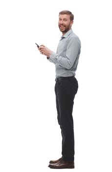young businessman reading e-mail on his smartphone. isolated on white