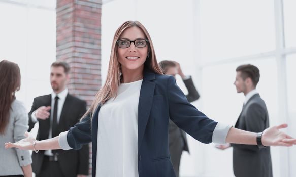 greeting gesture business woman smiling