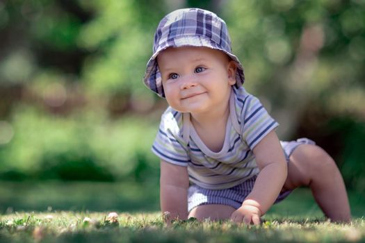 Little boy in blue checkered clothes crawling on the green grass
