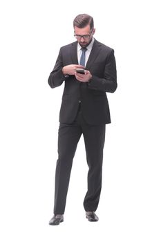 businessman reading e-mail on his smartphone . isolated on white