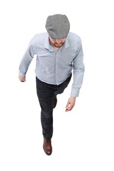 top view. a young man in a checkered cap stepping forward.
