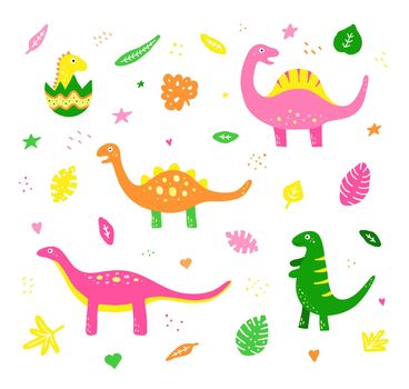 Set of doodle dinosaurs and tropical leaves.