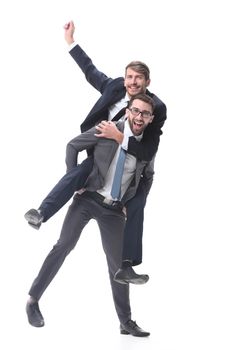 happy businessman carrying his colleague on the piggyback