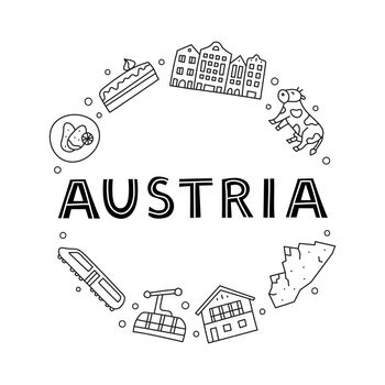 Doodle outline Austria icons in circle.