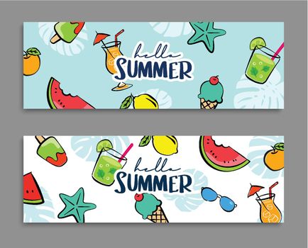 Hello summer banners design hand drawn style. Summer with doodles and objects elements for beach party background.