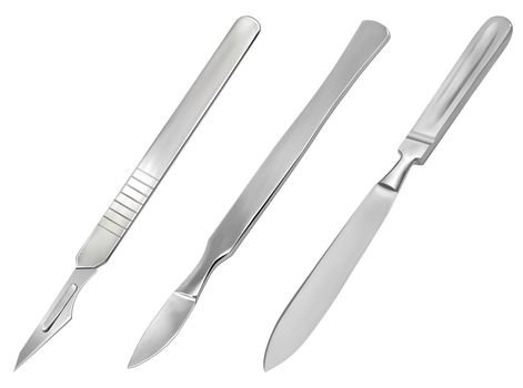 A set of surgical cutting tools. Reusable all-metal scalpel, delicate pointed scalpel with removable blade and amputation knife Liston. Realistic objects on a white background. Vector