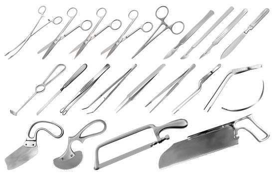 Surgical instruments set. Tweezers, scalpels, Liston s knife, clamp, scissors, Folkman hook, Meyer forceps, needle, Langenbek saw, Satterlee saw, Charriere bone saw, Bergman Engel Plaster saws. Vector