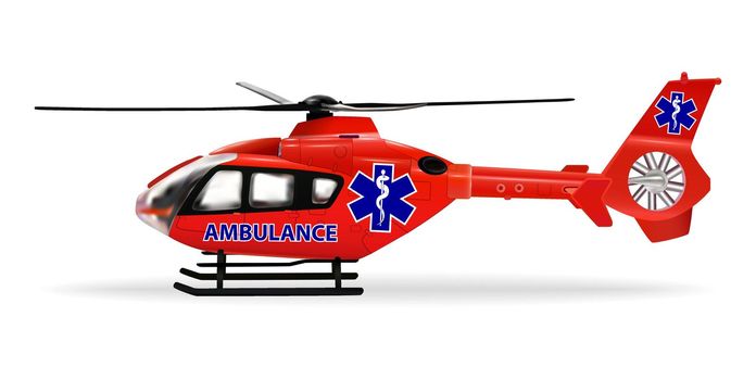 Air ambulance is a specially outfitted helicopter for emergency transportation of sick or wounded people. Red medical helicopter with ambulance emblem. Isolated object. Vector illustration.
