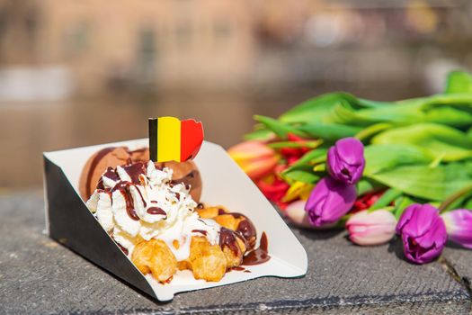 Belgian waffles with ice cream. Selective focus.