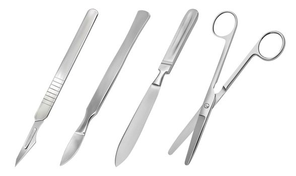 A set of surgical cutting tools. Reusable all-metal scalpel, delicate pointed scalpel with removable blade, amputation knife Liston, scissors hinge straight with blunt ends.Vector