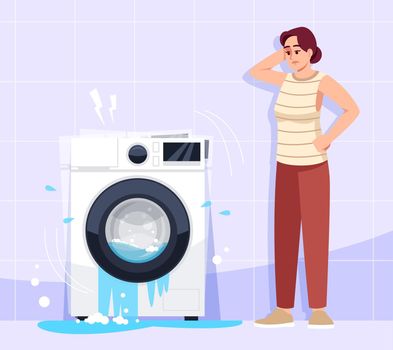 Woman puzzled by appliance breakdown semi flat vector illustration