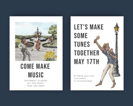 Invitation card template with diverse music on street concept,watercolor style