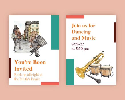 Invitation card template with diverse music on street concept,watercolor style