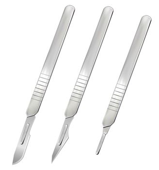 Scalpels with removable blades and a handle without a blade. Manual surgical instrument. Realistic objects on a white background. Vector