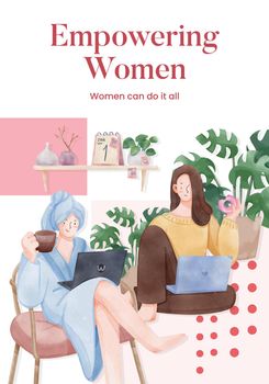 Poster template with woman work from home concept,watercolor style