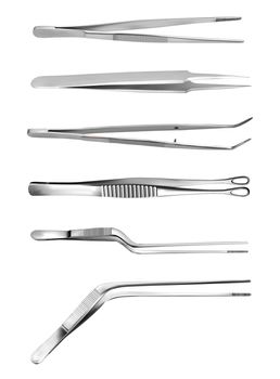 Set of tweezers. Long serrated angled tweezers, anatomical forceps, dental straight surgical pincers, curved tweezers, bayonet pincette, tumor grasping forceps. Manual surgical instrument. Vector