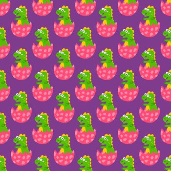 Cute funny dinosaur hatched from an egg, vector seamless pattern on purple background, childrens print for clothes, postcards