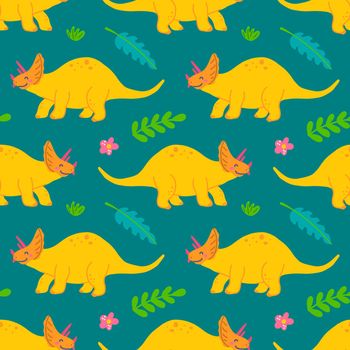 Cute triceratops dinosaur, vector seamless pattern on green background, childrens print for clothes, postcards