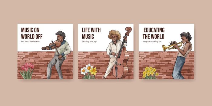 Banner template with diverse music on street concept,watercolor style
