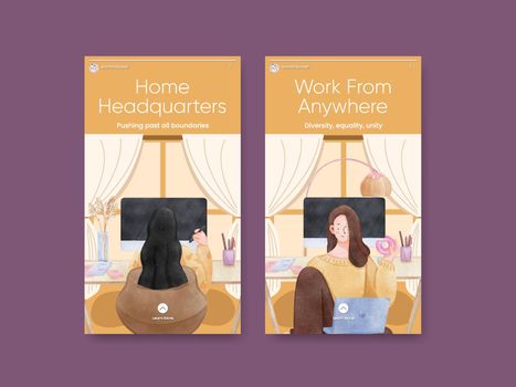 Instagram template with woman work from home concept,watercolor style