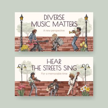 Twitter template with diverse music on street concept,watercolor style