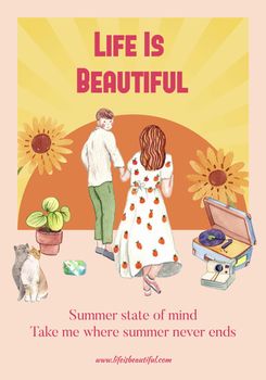 Poster template with beautiful life summer concept,watercolor style