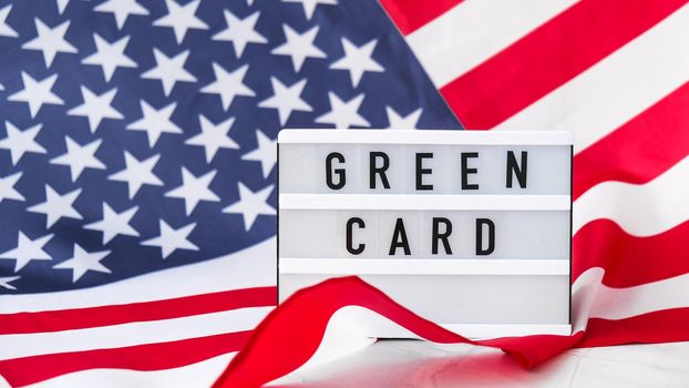 American flag. Lightbox with text GREEN CARD Flag of the united states of America. July 4th Independence Day. USA patriotism national holiday. Usa proud.