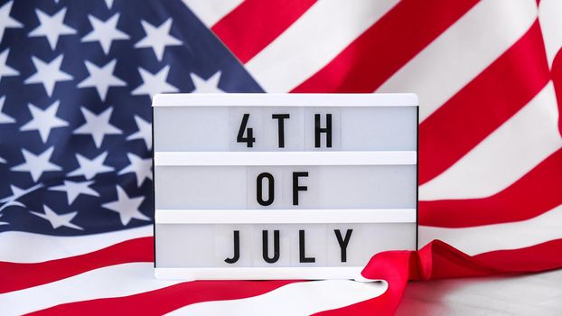 American flag. Lightbox with text 4TH OF JULY Flag of the united states of America. July 4th Independence Day. USA patriotism national holiday. Usa proud.