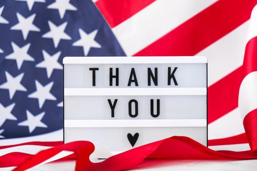 American flag. Lightbox with text THANK YOU Flag of the united states of America. July 4th Independence Day. USA patriotism national holiday. Usa proud.
