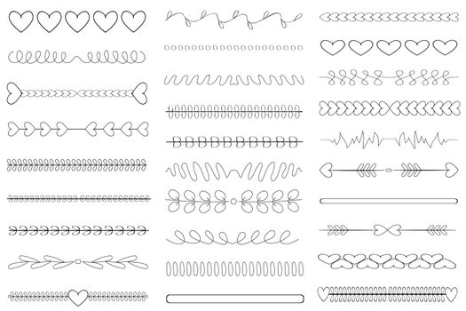 Set of calligraphic hand drawn dividers. Vintage ornaments, chapter dividers, borders, laurels, arrows. Doodle thin line art vector illustration. Isolated element. For decorating paper documents.