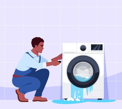 Broken washing machine and professional repairman semi flat vector illustration