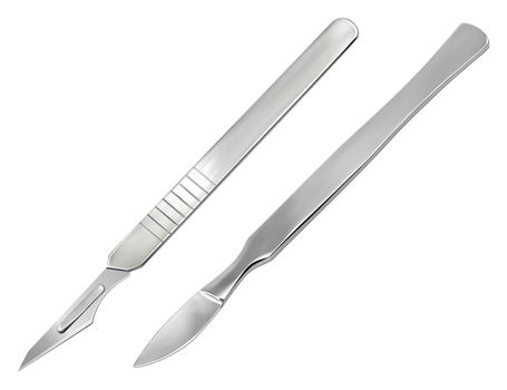 Reusable all-metal scalpel and delicate pointed scalpel with removable blade. Manual surgical instrument. Realistic objects on a white background. Vector
