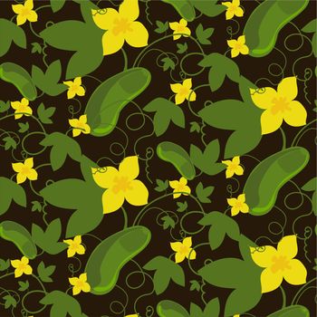Seamless pattern with cucumber, flowers and leaves on a dark background. Flat illustration for seed package design